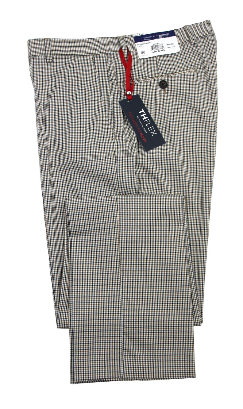 Tommy Hilfiger Dress Pants Mens 33x32 Beige Micro Check TH Flex Stretch Tate